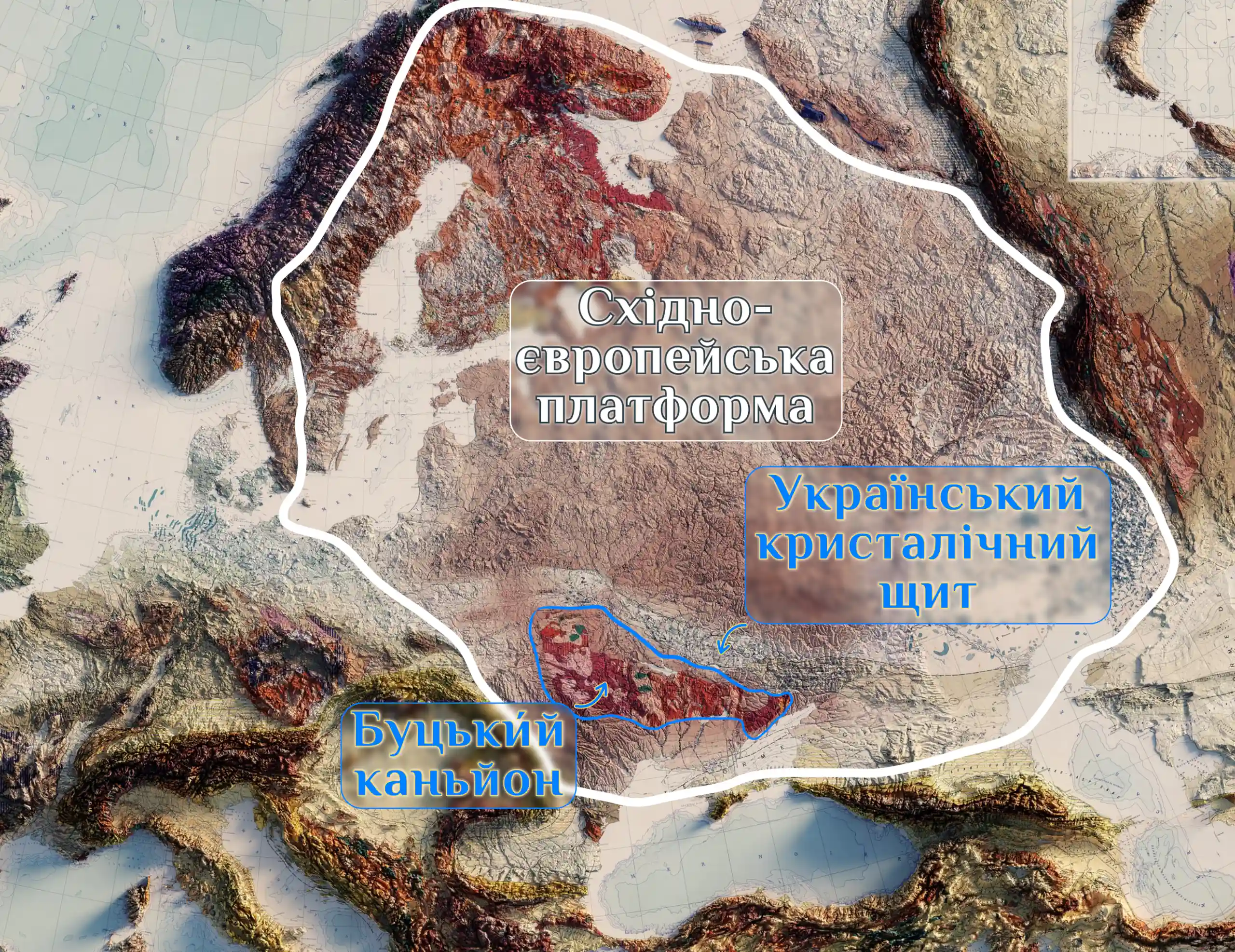 Розміщення Буцького каньйону і Українського кристалічного щита на Східноєвропейській платформі